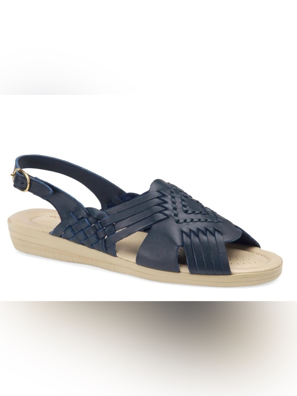 Softspots Navy Woven Leather Slingback Sandal with Beige Sole Size 12 Wide